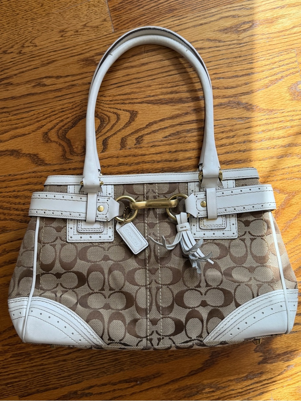 Coach Hampton Signature Carryall Handbag Khaki Jacquard Horse Bit Satchel Tassel